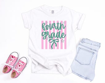 Custom 4th Grade Back To School Shirt for Girls, Custom First Day of School Tee, Preppy Stripe Shirt, Kindergarten, 1st, 2nd, 3rd Preschool