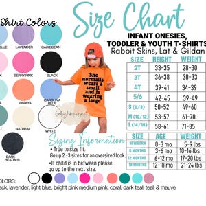 May include: Size chart for infant onesies, toddler, and youth t-shirts. Includes color swatches in light blue, lavender, and black. The chart provides sizing information for height and weight in inches and pounds, and age ranges.