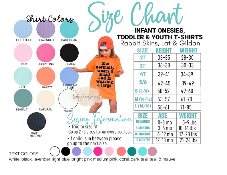 May include: Size chart for infant onesies, toddler, and youth t-shirts. Includes color swatches in light blue, lavender, and black. The chart provides sizing information for height and weight in inches and pounds, and age ranges.
