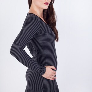 Organic Cotton Black/Grey Stripe Fitted Mini Dress // Sustainable Eco-Friendly // Made in USA // Size Large image 3