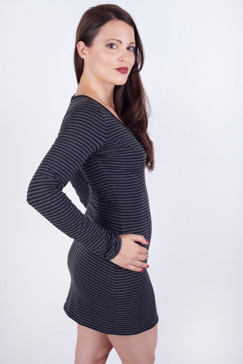 Organic Cotton Black/Grey Stripe Fitted Mini Dress // Sustainable Eco-Friendly // Made in USA // Size Large image 3