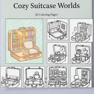 Puede incluir: Un libro para colorear titulado "Cozy Suitcase Worlds" con 10 páginas para colorear. Las páginas presentan ilustraciones de maletas transformadas en habitaciones en miniatura, incluyendo una biblioteca, un dormitorio, una cocina y una panadería. La portada muestra una maleta con una biblioteca y un sillón.