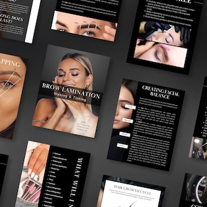 May include: A set of black and white training manuals for brow lamination, waxing, and tinting. The manuals include information on brow mapping, creating facial balance, hair growth cycles, and tinting techniques. The manuals feature images of models with different brow shapes and styles.
