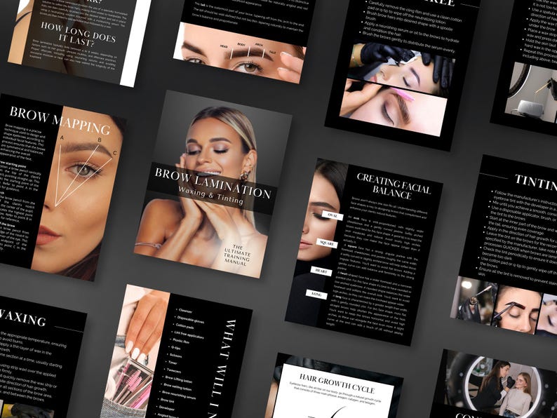 May include: A set of black and white training manuals for brow lamination, waxing, and tinting. The manuals include information on brow mapping, creating facial balance, hair growth cycles, and tinting techniques. The manuals feature images of models with different brow shapes and styles.