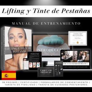 Könnte beinhalten: Ein spanischsprachiges Trainingshandbuch für Wimpernlifting und -färben. Das Handbuch enthält ein Zertifikat, eine Treuekarte und Einverständniserklärungen. Das Cover des Handbuchs zeigt eine Frau mit langen Wimpern.