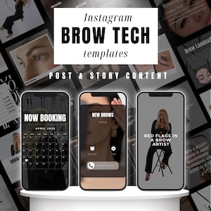 May include: Three phone screen mockups with black backgrounds and white text. The first mockup shows a calendar with the text "Now Booking" and "April 2025". The second mockup shows a phone call screen with the text "New Brows Calling" and "Snooze" and "Yes". The third mockup shows a woman sitting on a chair with the text "Red Flags in a Brow Artist".