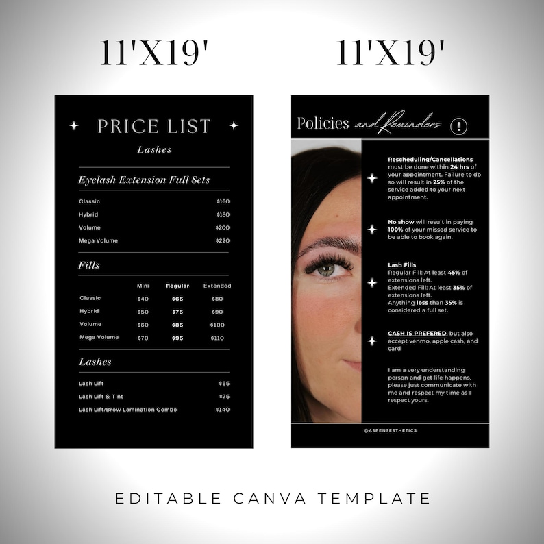 May include: Black and white price list template for eyelash extension services. Includes pricing for full sets, fills, and lash lift services. The template also includes policies and reminders for appointments.