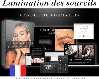 Manuel pro lamination sourcils + certificat : lamination, épilation, teinture, modifiable Canva.