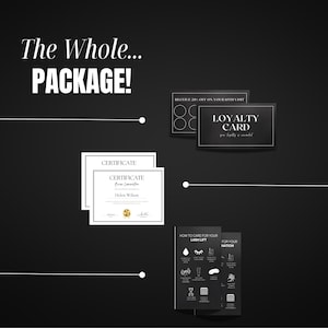 May include: A black and white image showing a package of beauty products. The package includes a certificate, a loyalty card, and two informational cards about lash lifts. The text on the certificate reads "CERTIFICATE" and "Helen Wilson". The text on the loyalty card reads "LOYALTY CARD". The text on the informational cards reads "HOW TO CARE FOR YOUR LASH LIFT" and "FOR YOUR NATION".