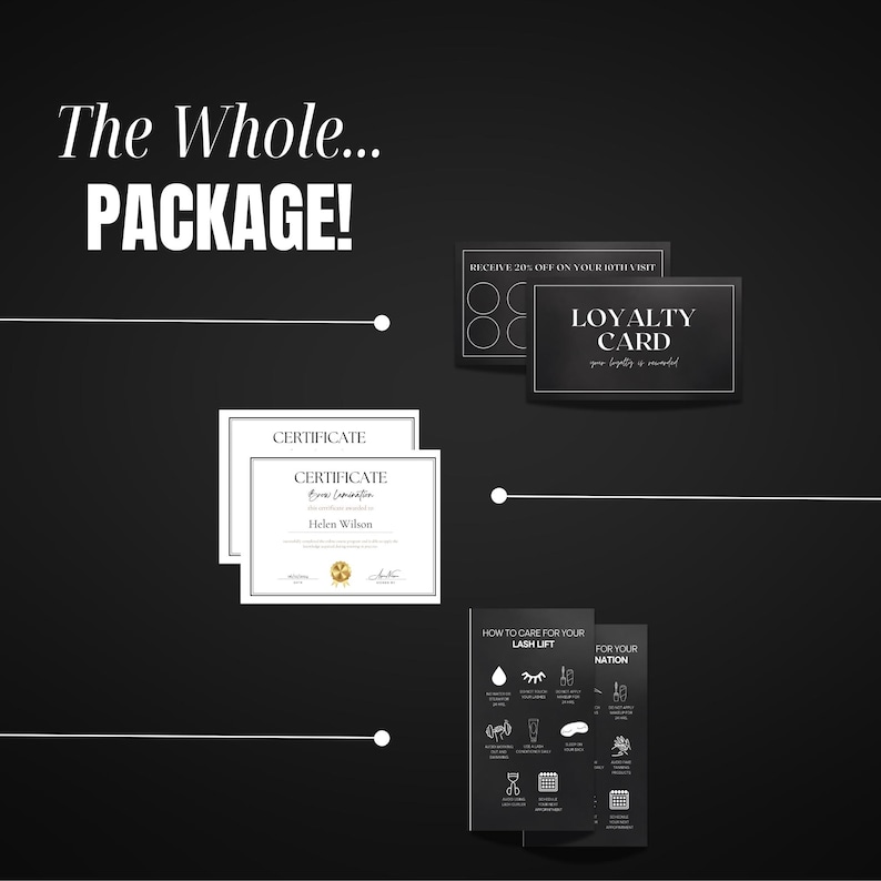 May include: A black and white image showing a package of beauty products. The package includes a certificate, a loyalty card, and two informational cards about lash lifts. The text on the certificate reads "CERTIFICATE" and "Helen Wilson". The text on the loyalty card reads "LOYALTY CARD". The text on the informational cards reads "HOW TO CARE FOR YOUR LASH LIFT" and "FOR YOUR NATION".