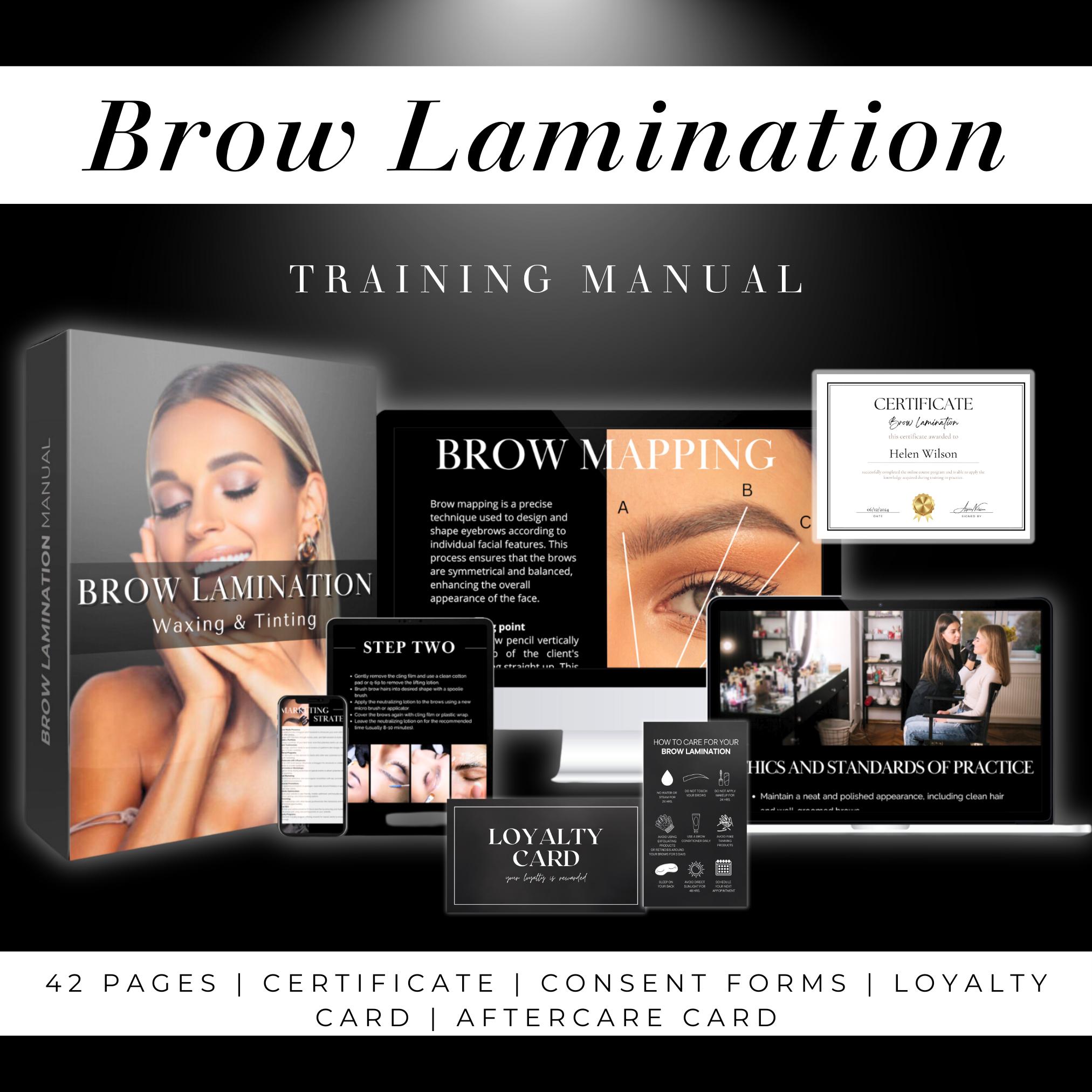 Professional Eyebrow Lamination Training Manual and Certificate: Brow Lamination, Brow Waxing, Brow Tinting Course, Editable in Canva