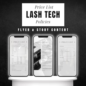 Puede incluir: Imagen promocional para un negocio de técnico de pestañas, que presenta una lista de precios y políticas que se muestran en tres pantallas de teléfonos inteligentes. El banner superior dice "Price List, LASH TECH, Policies". Las pantallas muestran servicios como extensiones de pestañas y tratamientos de cejas.