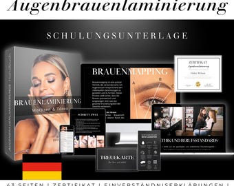 Professionelles Handbuch Zertifikat: Augenbrauenlaminierung, Wachsen & Färben – Kurs, in Canva bearbeitbar.