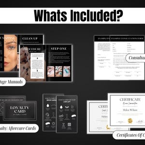 May include: A set of printable resources for beauty professionals, including 103/42 page manuals, loyalty and aftercare cards, consultation forms, and certificates of completion. The resources are designed to help beauty professionals grow their business.