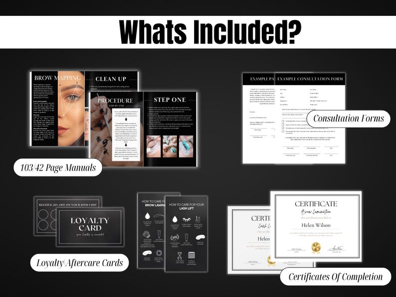 May include: A set of printable resources for beauty professionals, including 103/42 page manuals, loyalty and aftercare cards, consultation forms, and certificates of completion. The resources are designed to help beauty professionals grow their business.
