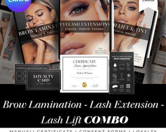 Professional Lash & Brow COMBO Training Manual, Lash Lift, Tint, Brow Lamination, Waxing, Eyelash Extension Manual, Editable in Canva
