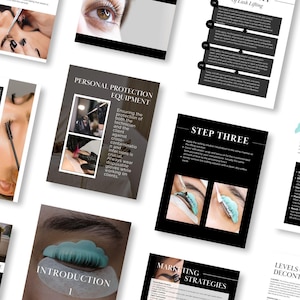 May include: A collection of black and white pages with text and images related to lash lifting. The pages include titles such as "Troubleshooting", "Personal Protection Equipment", "Step Three", "Choosing the Right Shape", "Standards of Practice", "Introduction", "Marketing Strategies", and "Levels of Decontamination".