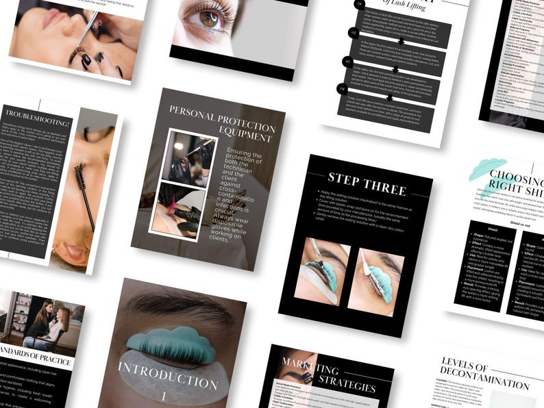 May include: A collection of black and white pages with text and images related to lash lifting. The pages include titles such as "Troubleshooting", "Personal Protection Equipment", "Step Three", "Choosing the Right Shape", "Standards of Practice", "Introduction", "Marketing Strategies", and "Levels of Decontamination".