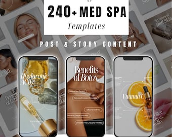 Può includere: Immagine con modelli Instagram per una spa medica. Il testo recita "Instagram 240+ MED SPA Templates POST & STORY CONTENT". Tre schermi di telefono mostrano contenuti sulla cura della pelle, tra cui "Hyaluronic ACID", "Benefits of Botox" e "Vitamin C".