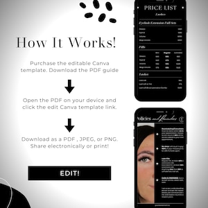 May include: A digital marketing graphic with the text "How It Works!" and instructions for using a Canva template. The image also includes price lists for eyelash extensions and policies, with the word "EDIT!" in a black rectangle.