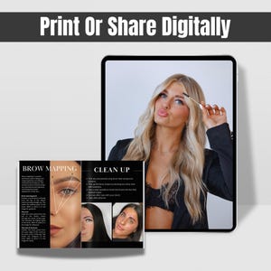 May include: A guide to brow mapping and clean up, with illustrations and text. The guide includes steps for mapping the brow, cleaning up stray hairs, and brushing the brows into the desired shape. The guide is printed on a white background.