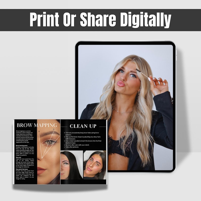 May include: A guide to brow mapping and clean up, with illustrations and text. The guide includes steps for mapping the brow, cleaning up stray hairs, and brushing the brows into the desired shape. The guide is printed on a white background.