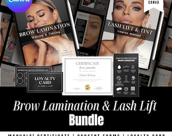 Professional Eyebrow Lamination, Wax, Tint, Lash Lift & Tint Training COMBO Manual: Editable in Canva, Editable certificate for educators