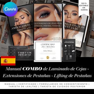 May include: A digital product bundle for lash and brow technicians. The bundle includes a manual, certificate, consent forms, and loyalty cards. The text on the image reads "Manual COMBO de Laminado de Cejas - Extensiones de Pestañas - Lifting de Pestañas".