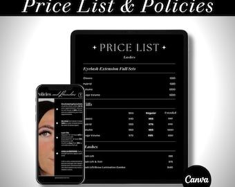 May include: A black digital tablet and smartphone displaying a price list for eyelash extension services. The tablet shows prices for various lash styles, while the phone displays policies and reminders. The text "Price List & Policies" is at the top.
