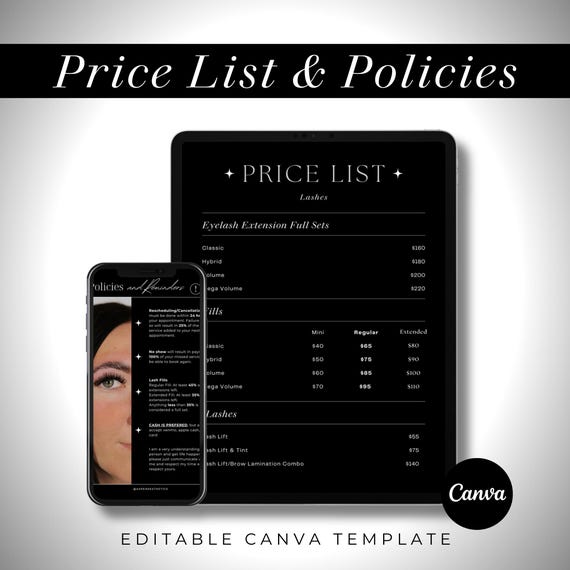 Beauty Salon Price List Template | Lash, Brow, Waxing (Editable Canva)