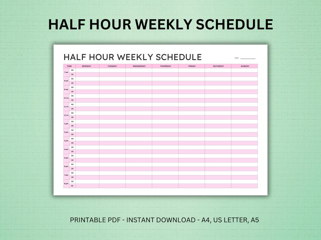 Half Hour Weekly, Schedule, Half Hour Planner, Weekly Half Hourly ...