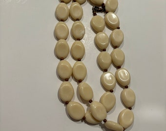 Retro Vintage Cream and Brown Beaded Necklace 36" Long