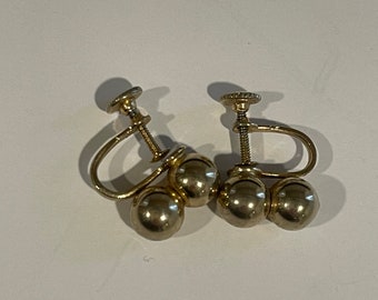 Vintage Retro Screw Back Gold Tone Double Ball Earrings