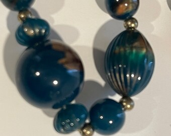 Vintage Retro Beaded Dark Teal and Brown 31" Necklace