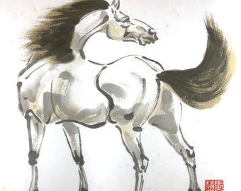 original Chinese horse painting horse art stallion Chinese brush painting ink Asian Art "Statuesque" 马画 gray beige white red