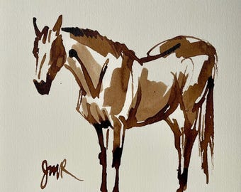 Horse art original “Walnut Melody” ink sketch made from life of mustang mare - brown, cream 9x9 inches