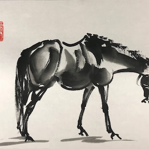 original horse art Chinese Horse painting Chinese brush painting ink horse sketch Sumi-e Equestrian Art - &quot;Hanging Head&quot; 马画 black white red