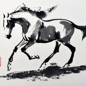 Horse wall art “Collected” Chinese Horse painting black white red galloping running horse lover 9.5x11.5 inches Asian art
