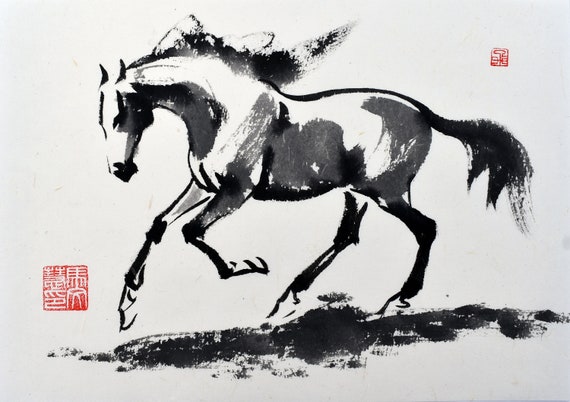 馬の壁アート「コレクション」中国の馬の絵画黒白赤ギャロップ走る馬