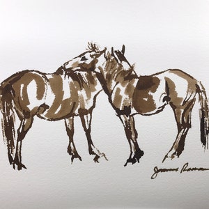 Horse art original “Grooming Ponies” unframed 8x10 pony drawing horse ink sketch pony painting brown cream white equine art horse lover gift