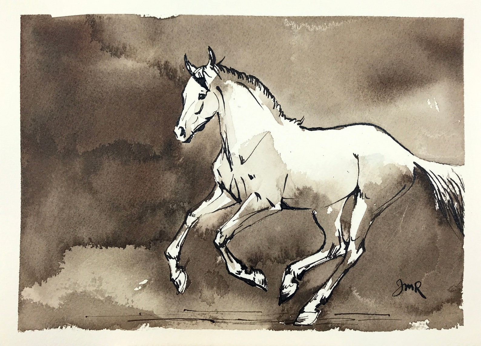Horse art original horse ink painting Canter sepia Etsy