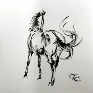 Horse art original &quot;Tail Swish&quot; horse sketch ink painting horse painting equine art equestrian decor unframed square black white gift