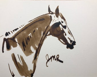 Horse art original “Intelligent Look” horse head drawing horse ink sketch horse painting brown cream white equine art equestrian style 5x7