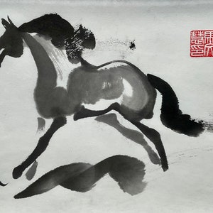 Asian horse wall art “Horse in 13 strokes” 9x12 Chinese galloping horse painting brush painting ink sketch Sumi-e horse lover 马画 black white