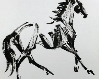 Horse art original "Motion 4" horse pen ink sketch art drawing black white equine art equestrian horse lover gift animal stallion galloping