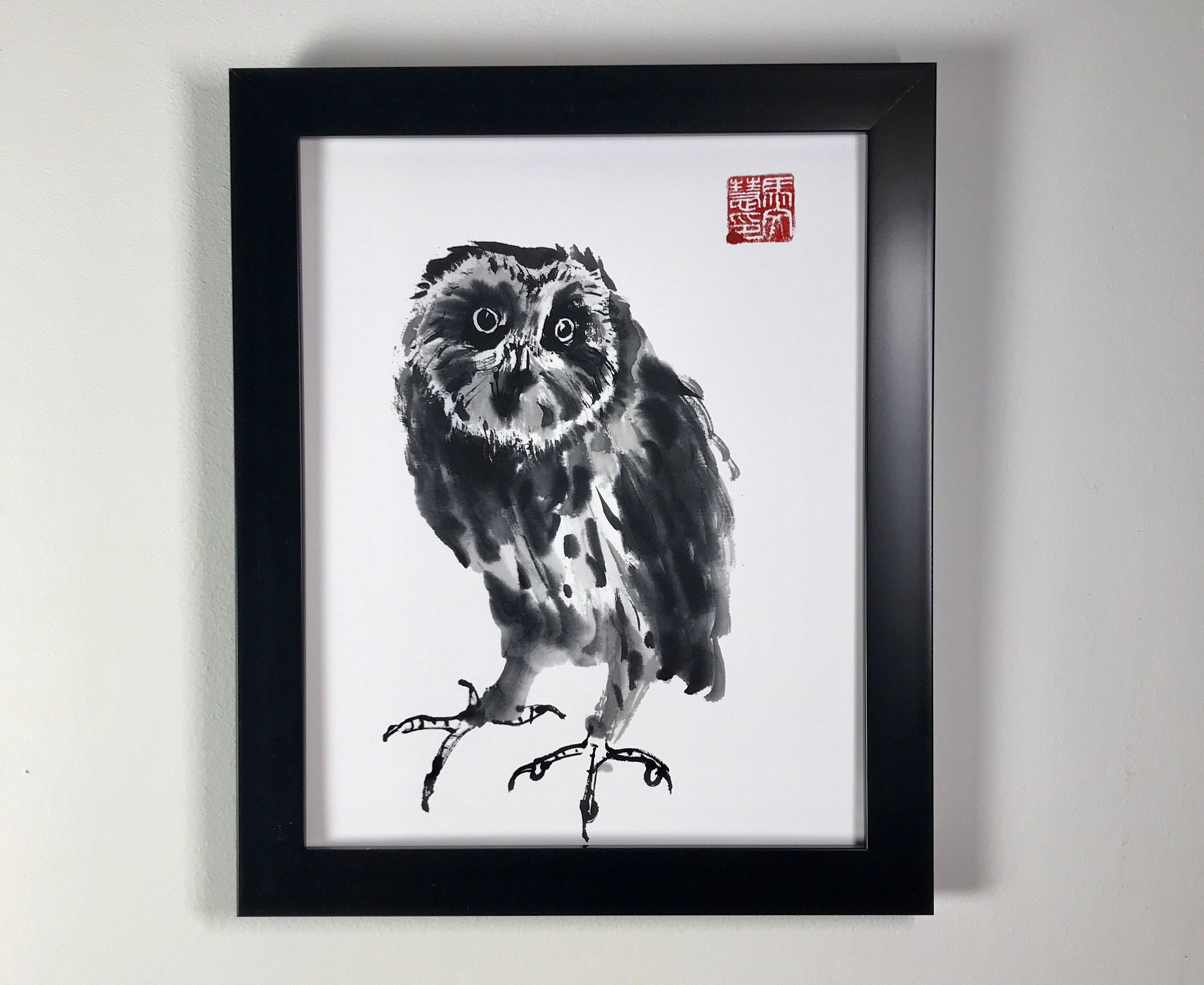 Owl painting print bird art Chinese brush painting bird ink painting Sumi-e decor Asian decor black 