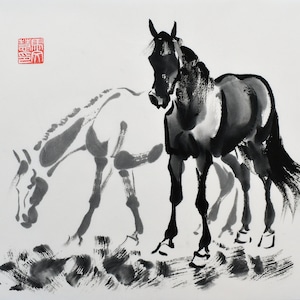 Asian horse wall art “Mealtime” Chinese Horse painting Chinese brush ink painting  马画 black white red horse lover 12x14