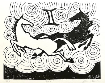 Zodiac Astrological Art Original Linocut Print 