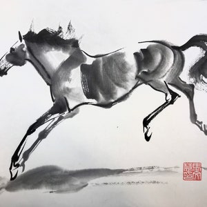 オリジナルの馬の芸術「戯れ」中国の馬の絵中国の筆絵水墨画アジア美術