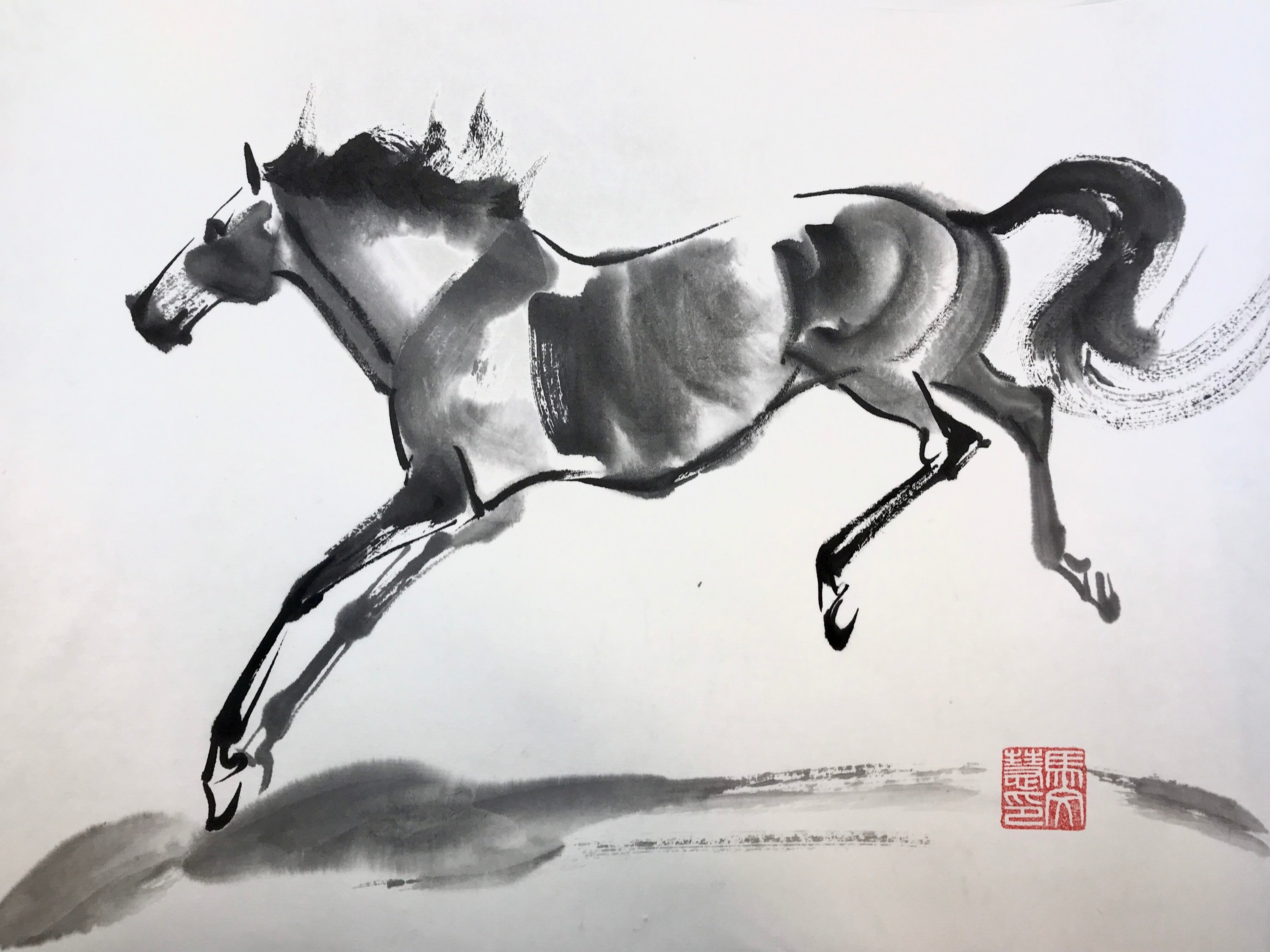 オリジナルの馬の芸術「戯れ」中国の馬の絵中国の筆絵水墨画アジア美術